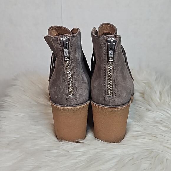 UGG Women's Grey Suede Corin Ankle Bootie with Fringe Bow - Picture 3 of 9